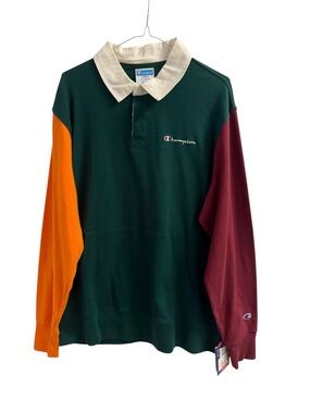 Champion Rugby Shirt Polo Kanga Pocket Colorblock Men's Large Embroidered Script